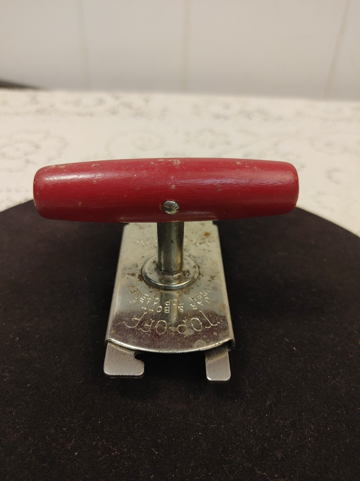 Vintage 1930\'s Edlund Co Top Off Jar Bottle Screw Top Opener Red Wood Handle Vintage 1930\'s Edlund Co Top Off Jar Bottle Screw Top Opener Red Wood Handle