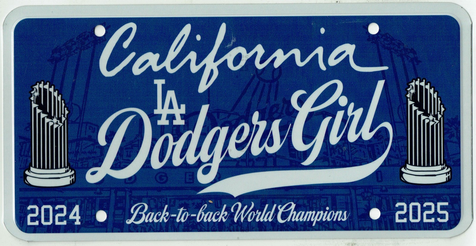 Los Angeles Dodgers Girl Baseball MLB Tribute Back To Back Champs License Plate Los Angeles Dodgers Girl Baseball MLB Tribute Back To Back Champs License Plate