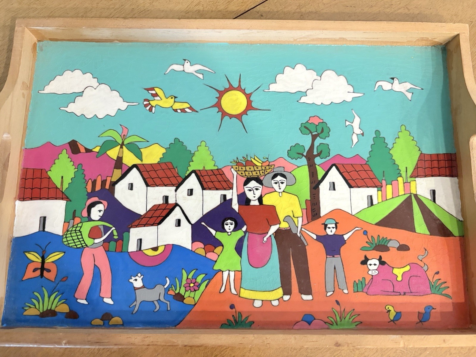 Vtg Colorful Folk Art Large Farm Village Scene Wood Serving Tray 15.75 Vtg Colorful Folk Art Large Farm Village Scene Wood Serving Tray 15.75
