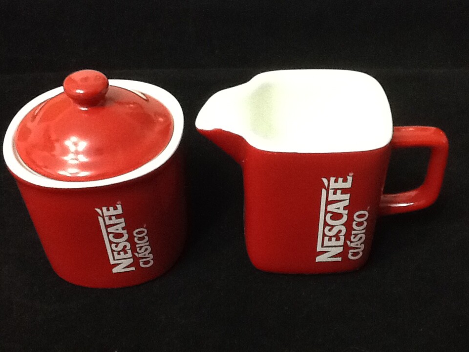 NESCAFE CLASICO 3 Pc Coffee Creamer Sugar Bowl Lid Red Cup Cups Toddy Mug New