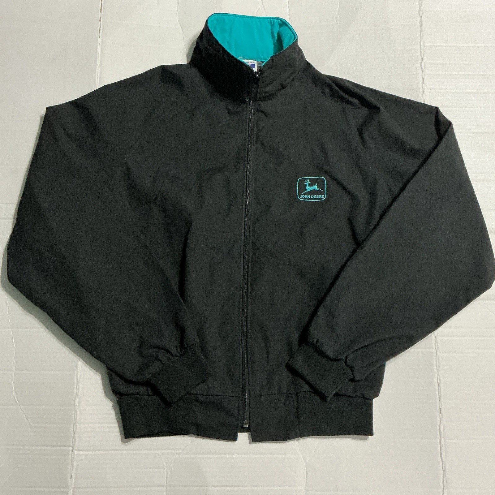 Vintage John Deere Swingster Logo Zip-Up Jacket Black/Teal Mens M USA Made