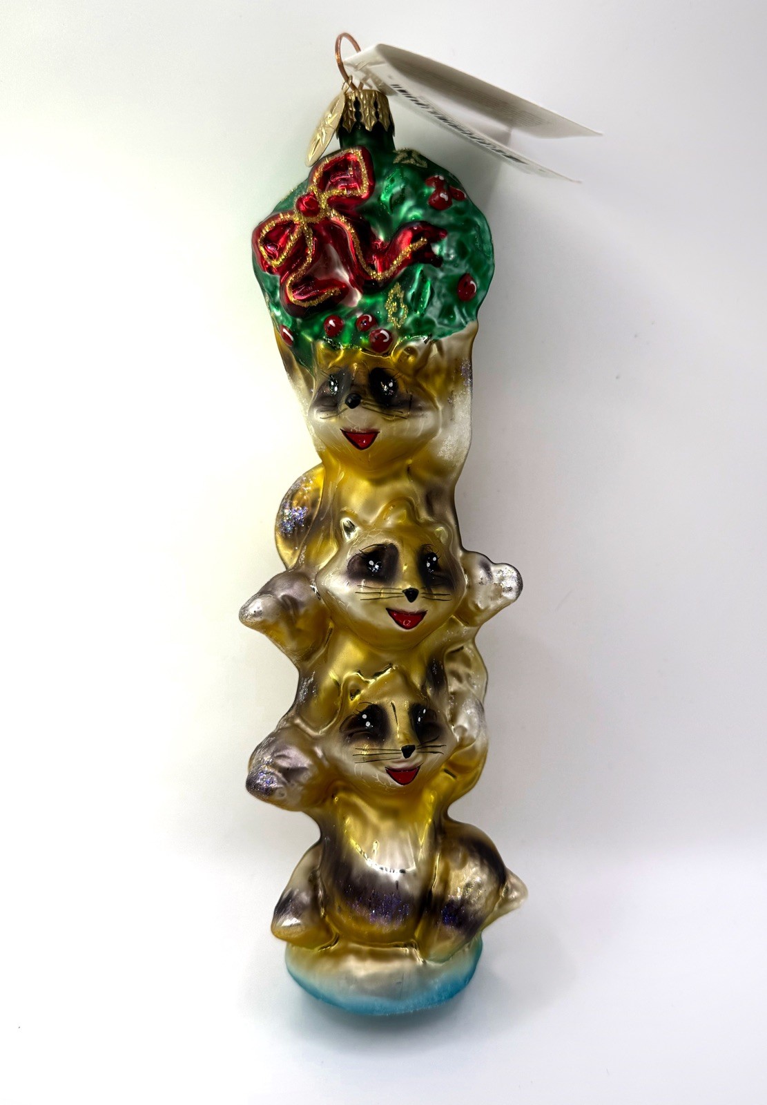 Vintage 2001 Christopher Radko Stack o Raccoons Glass Ornament w/ Tags 