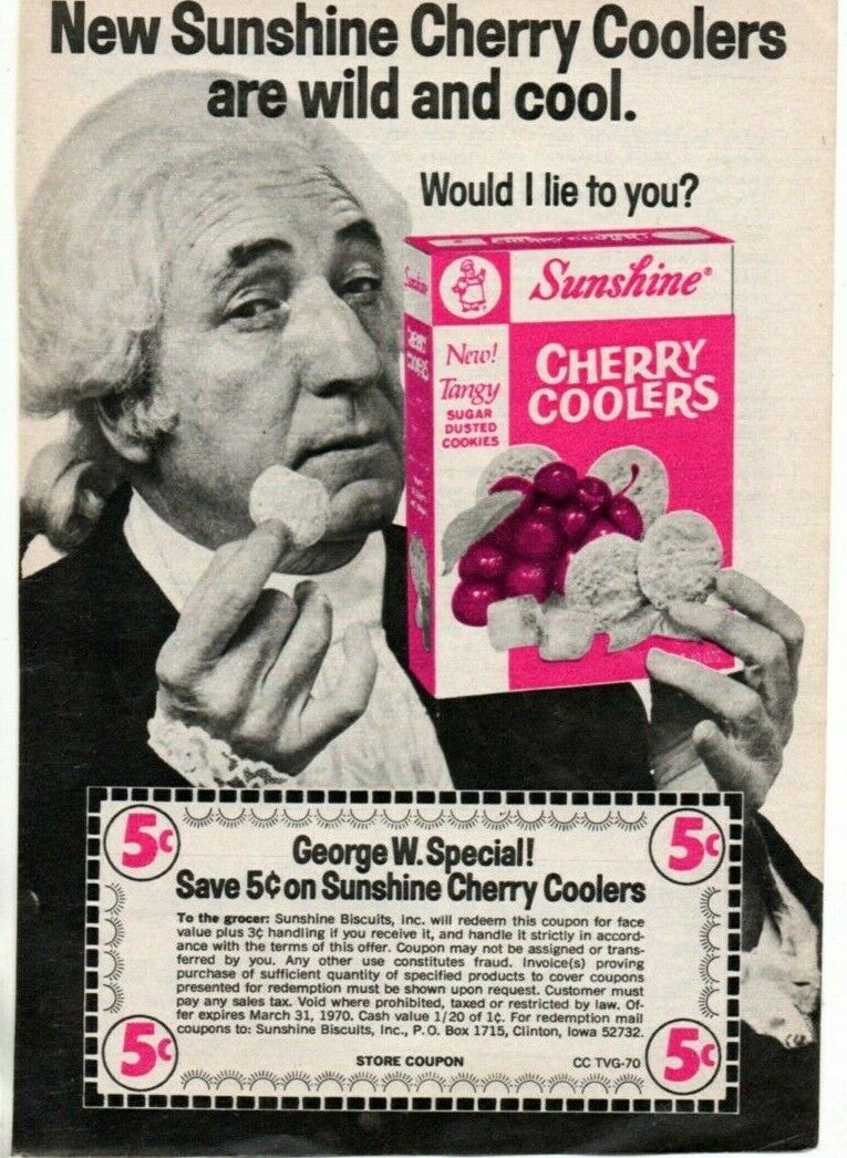 Sunshine Cherry Coolers Cookies George Washington 1970 Print Ad Clipping Page