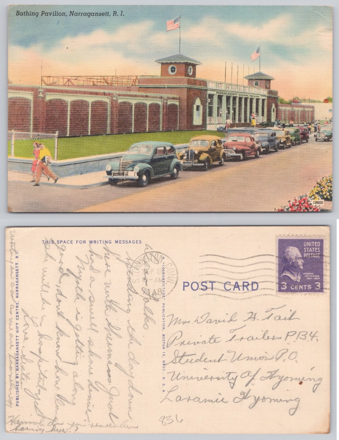 1948 Narragansett RI Bathing Pavilion Vintage Cars Linen Postcard