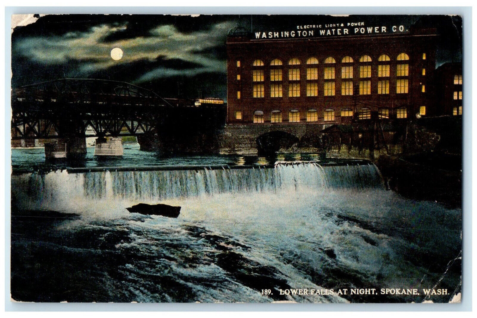 1917 Moonlight at Lower Falls Washington Water Power Co. Spokane WA Postcard