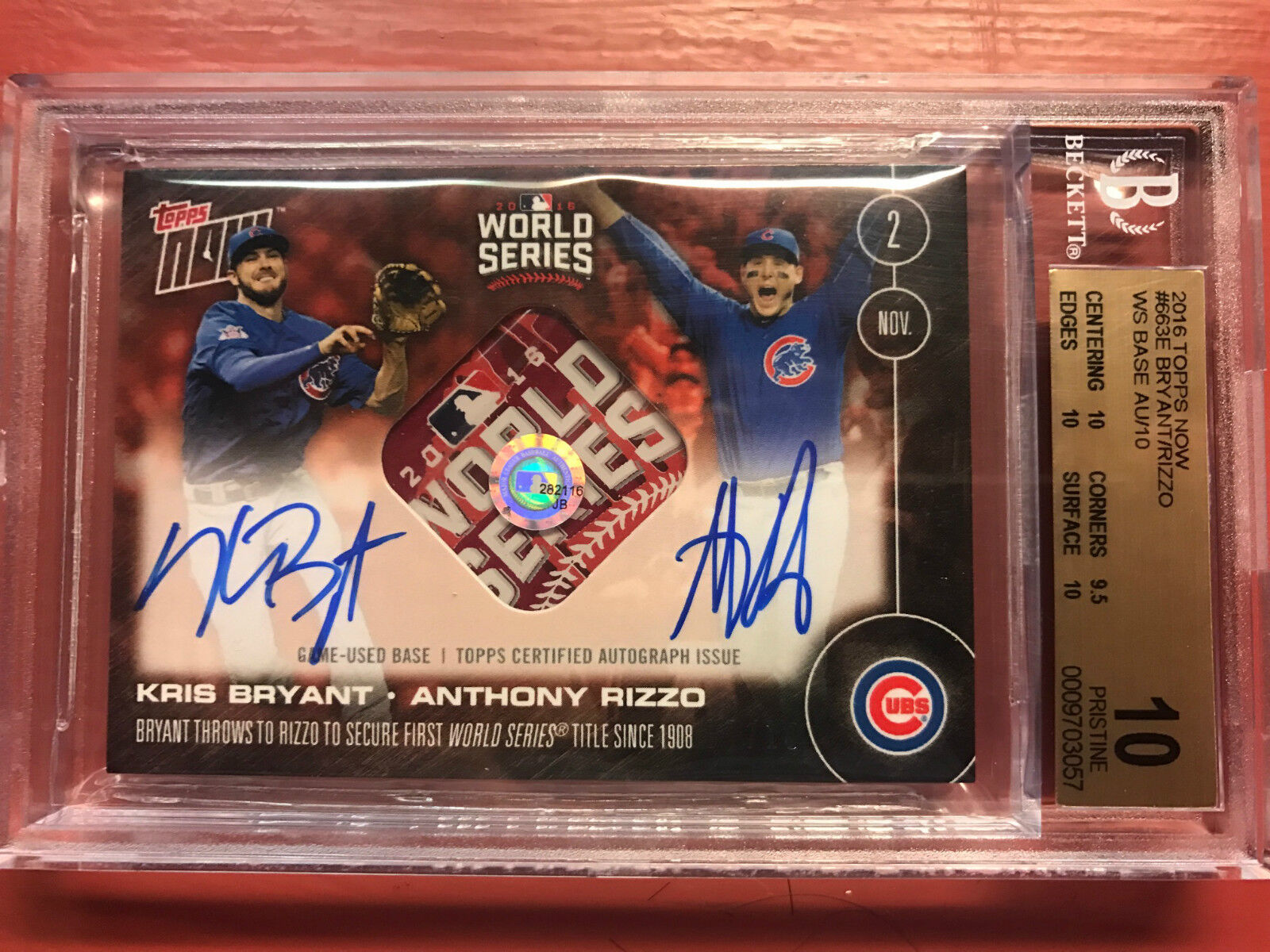 2016 Topps Now Kris Bryant and Rizzo Dual Auto Relic Game Used Base BGS 10