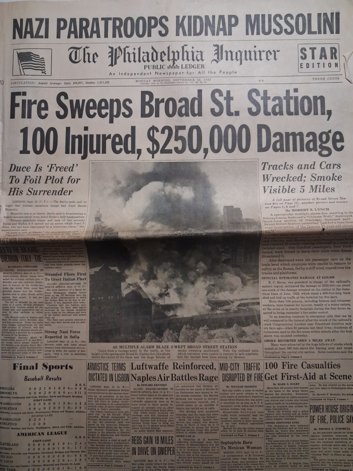 WWII 1943 The Philadelphia Inquirer Sept 13 OTTO SKORZENY RAID Broad St FIRE WWII 1943 The Philadelphia Inquirer Sept 13 OTTO SKORZENY RAID Broad St FIRE