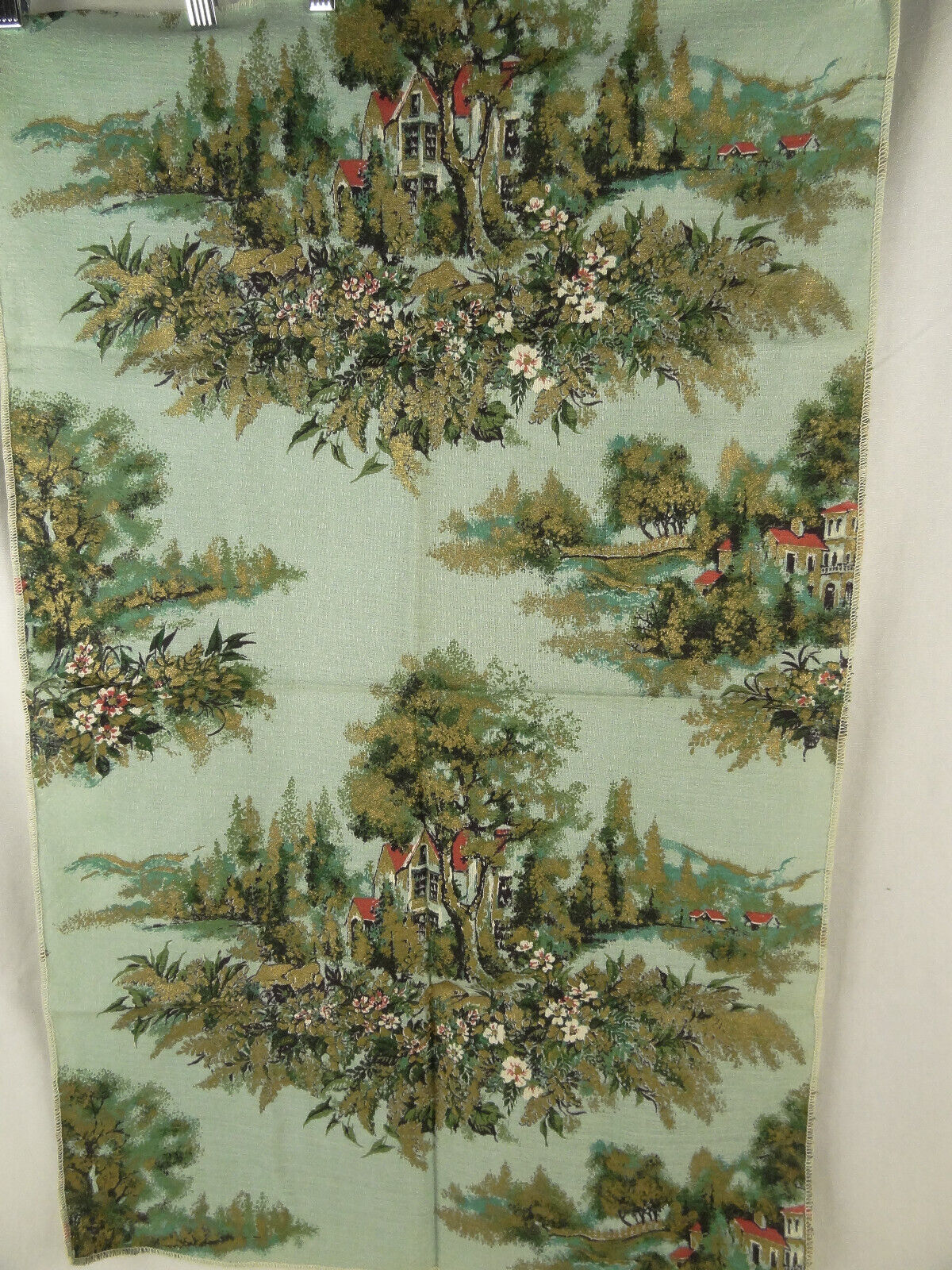 Vintage Scenic Barkcloth Fabric Remnant Cottage House Forest Light Blue