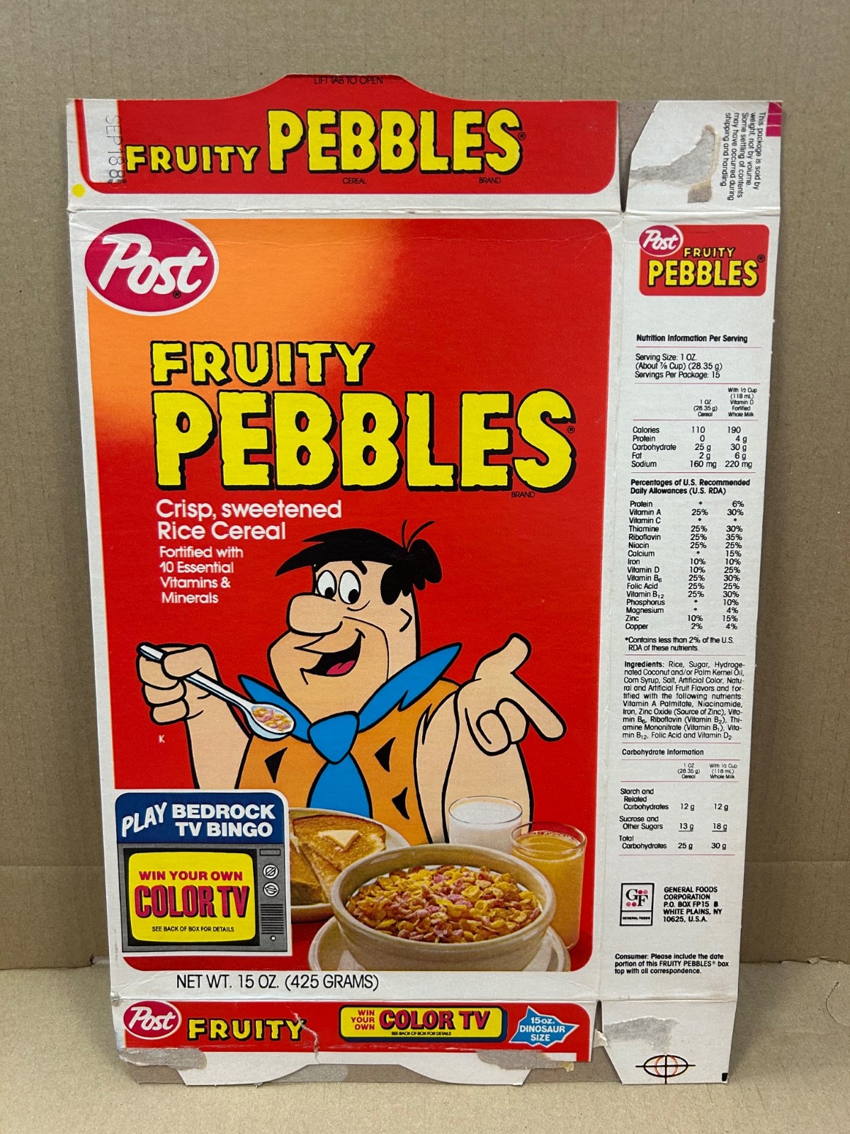 4 Post Fruity Pebbles Cereal Box 1984 Bedrock TV Bingo Color TV