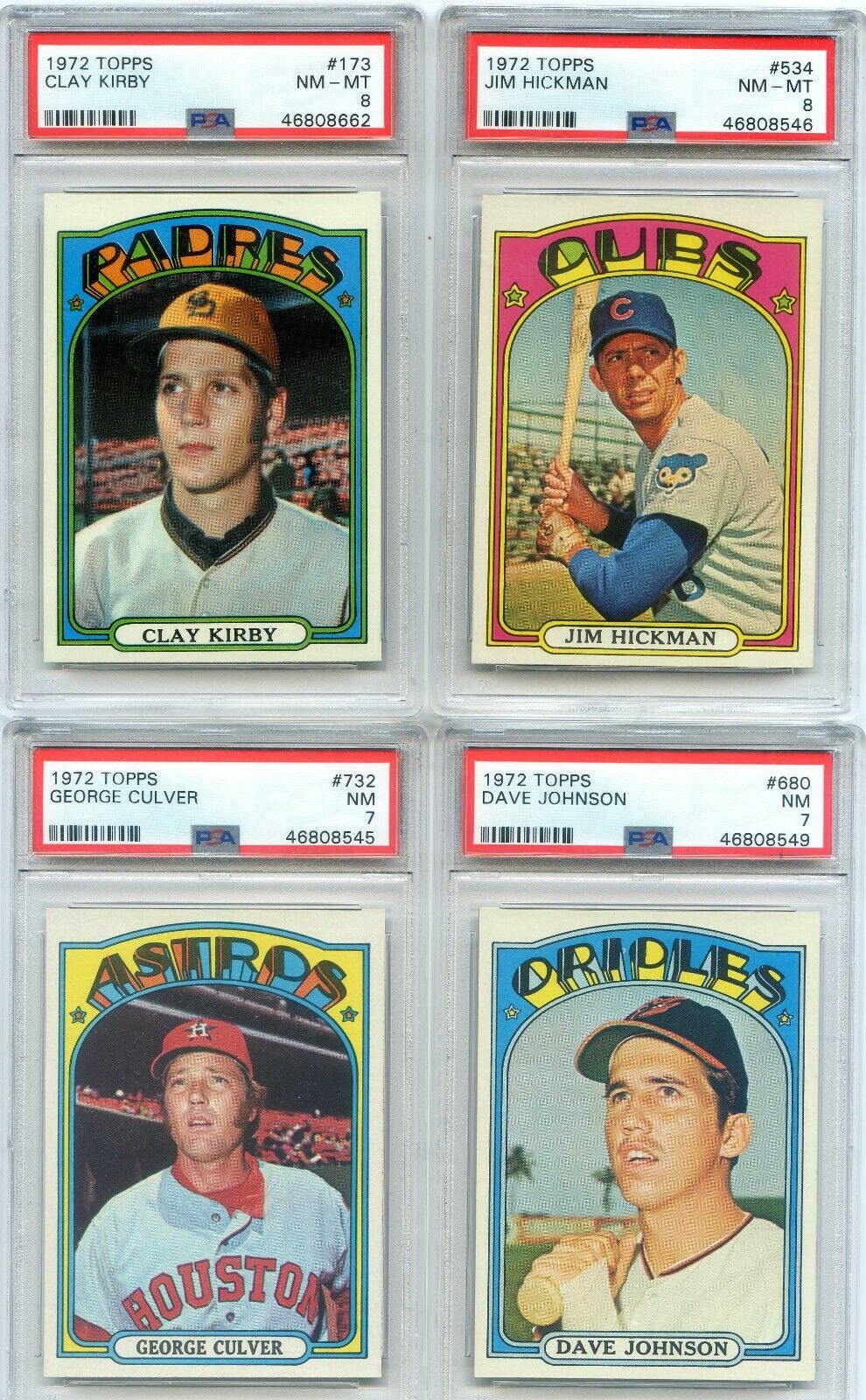 1972 Topps lot (4) Hickman (CUBS) Kirby Johnson Culver all PSA 8\'s and 7\'s 