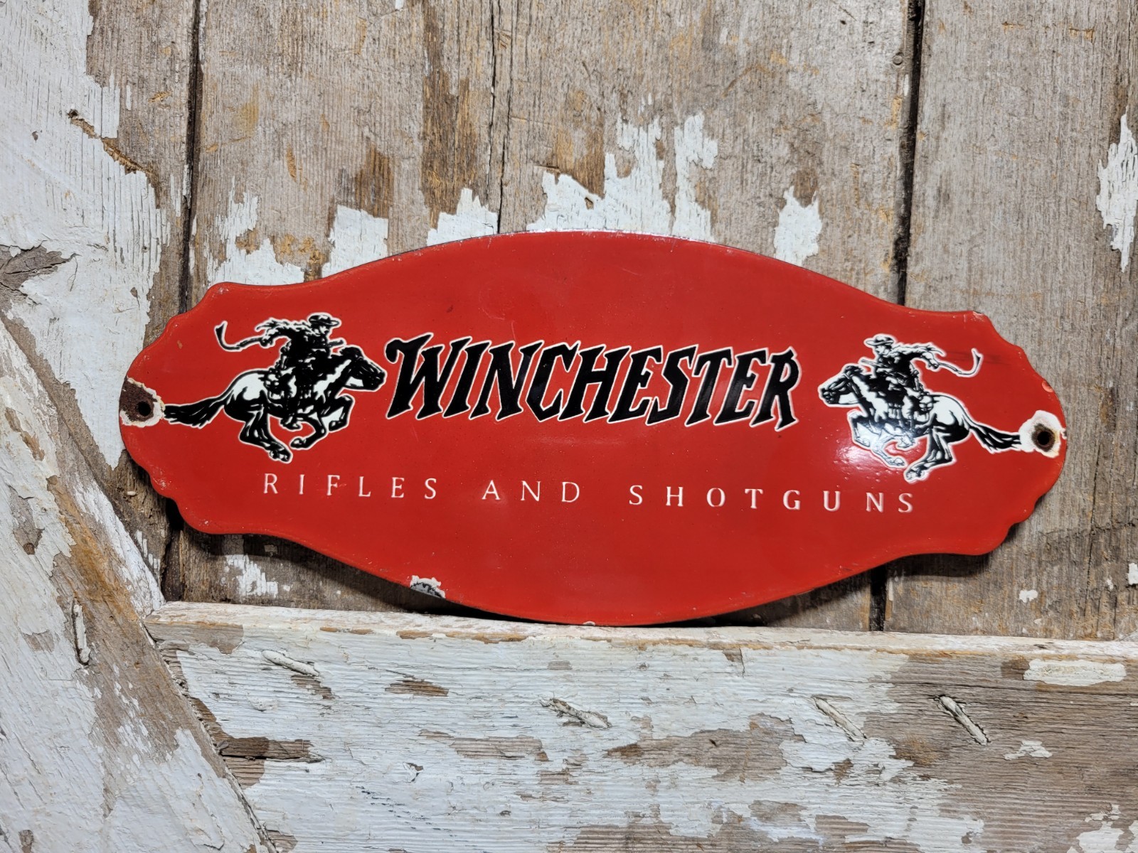 VINTAGE WINCHESTER PORCELAIN SIGN RARE OLD GUM AMMUNITION FIREARM WESTERN COWBOY