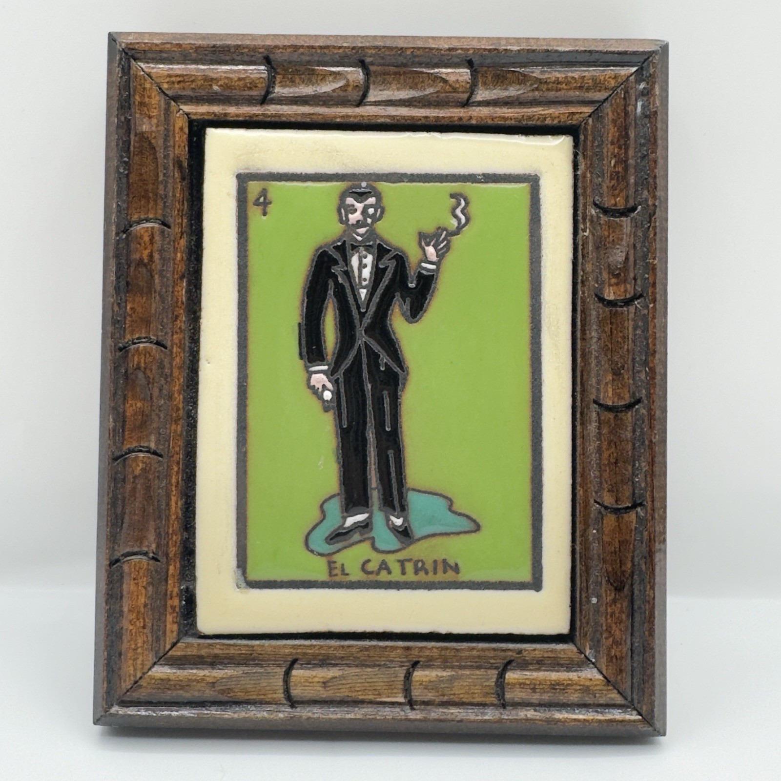 Vintage Mexican Loteria El Catrin #4 Framed Tile Folk Art Made in Mexico