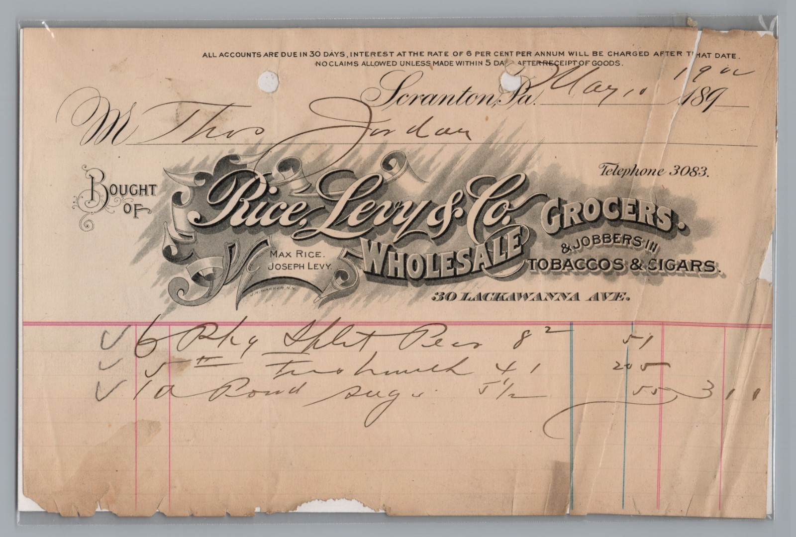 1889 Rice Levy Co Scranton PA Antique Billhead Invoice Wholesale Grocer Tobacco