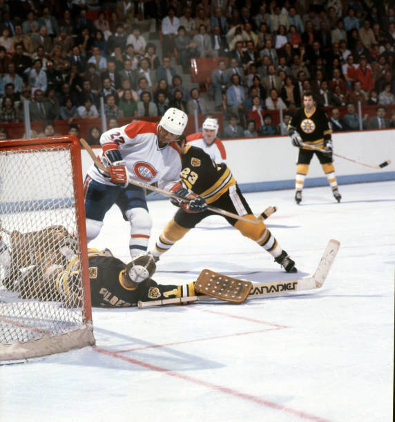 Montreal Canadiens Steve Shutt in action vs Boston Bruins goalie G - Old Photo