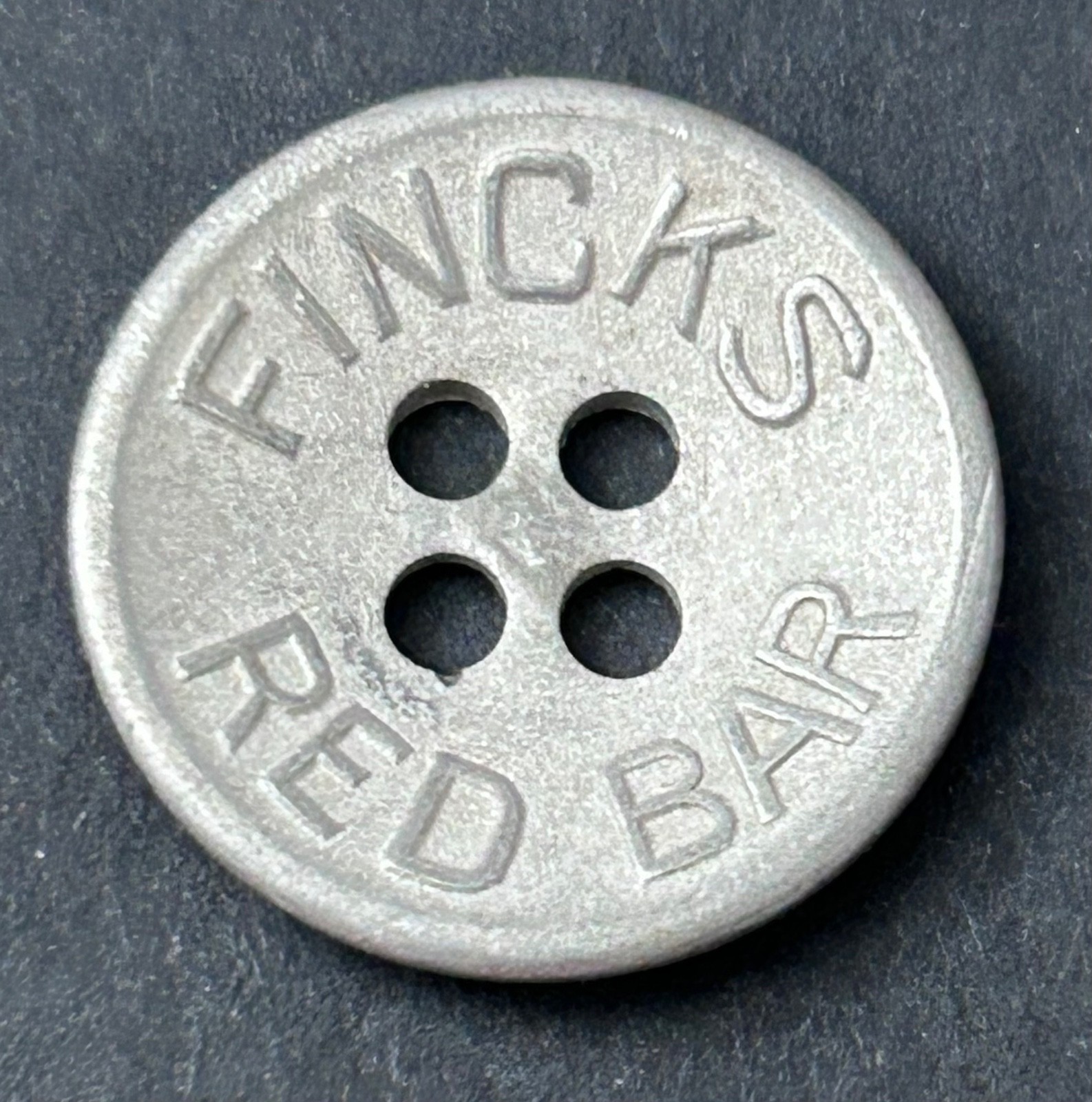 Vintage Fincks Red Bar Overall Button White Metal #1315 Vintage Fincks Red Bar Overall Button White Metal #1315