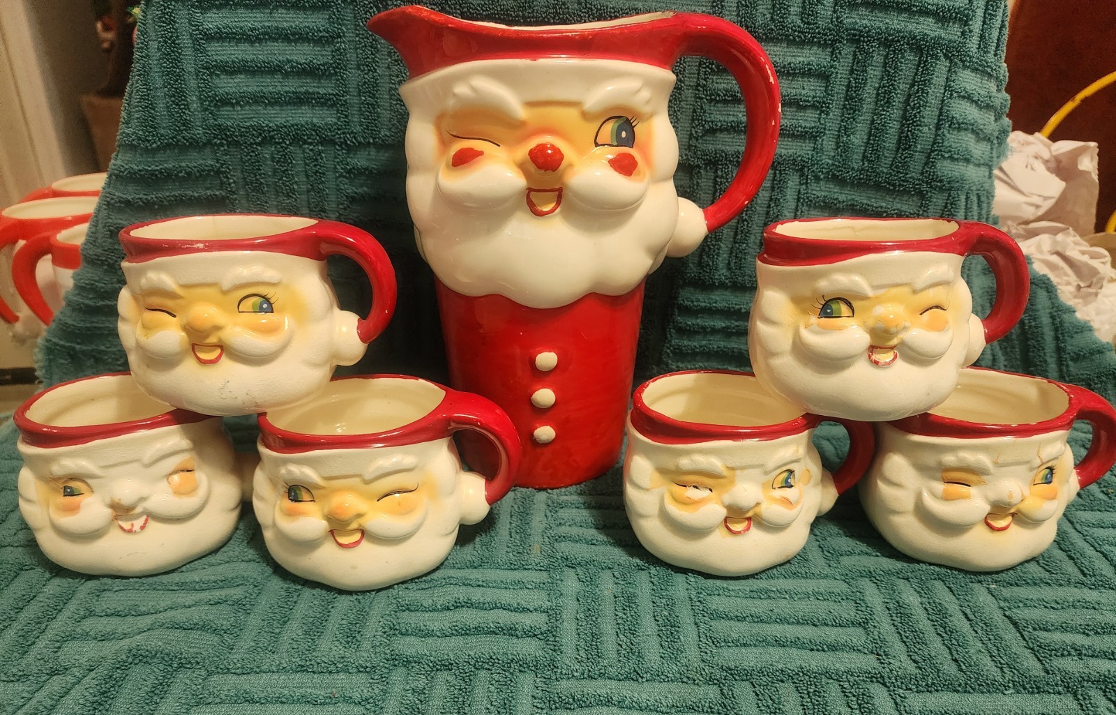 Vintage MCM Holt Howard Winking Santa Pitcher and 6 Mugs READ Vintage MCM Holt Howard Winking Santa Pitcher and 6 Mugs READ