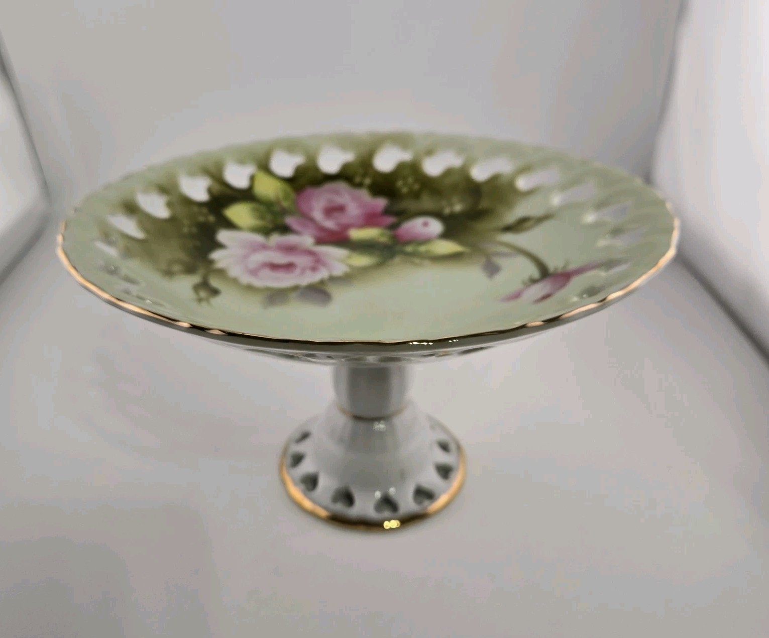 VTG Lefton Green Heritage Footed Plate Dish Roses Gold Trim Hand Painted #2274 VTG Lefton Green Heritage Footed Plate Dish Roses Gold Trim Hand Painted #2274