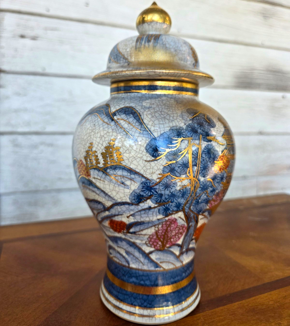 Vintage Japanese Satsuma Lidded Ginger Jar Gosu Blue Crackle Glaze Gold Gilt Vintage Japanese Satsuma Lidded Ginger Jar Gosu Blue Crackle Glaze Gold Gilt