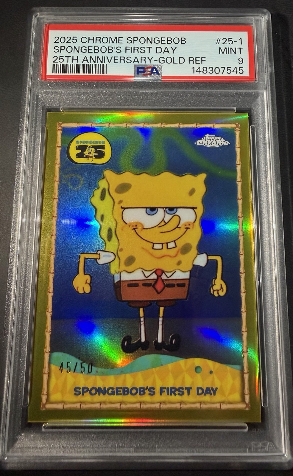 Topps 2025 Chrome SpongeBob 25th Anniv Gold Refractor #25-1 PSA 9 45/50 Topps 2025 Chrome SpongeBob 25th Anniv Gold Refractor #25-1 PSA 9 45/50