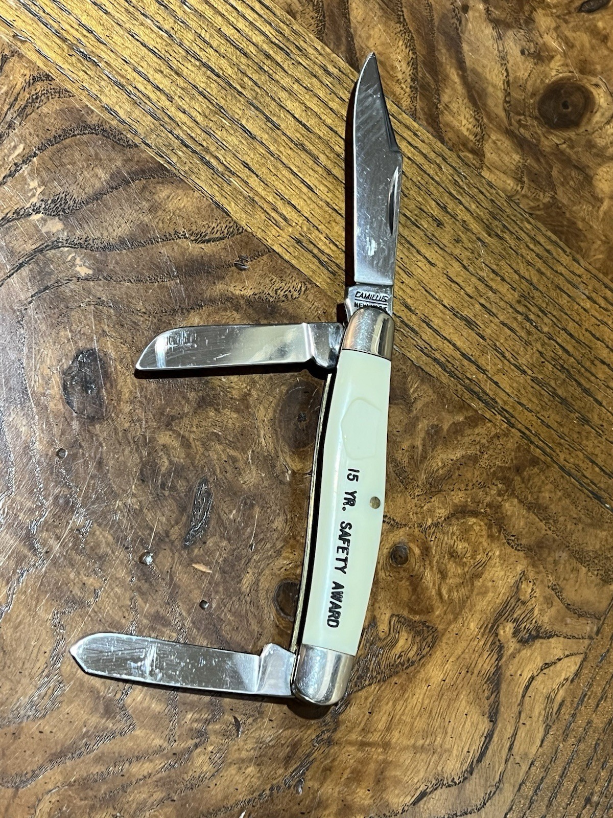Vintage Camillus 65 Stockman 3-Blade Pocket Knife Safety Award White Handle NY Vintage Camillus 65 Stockman 3-Blade Pocket Knife Safety Award White Handle NY