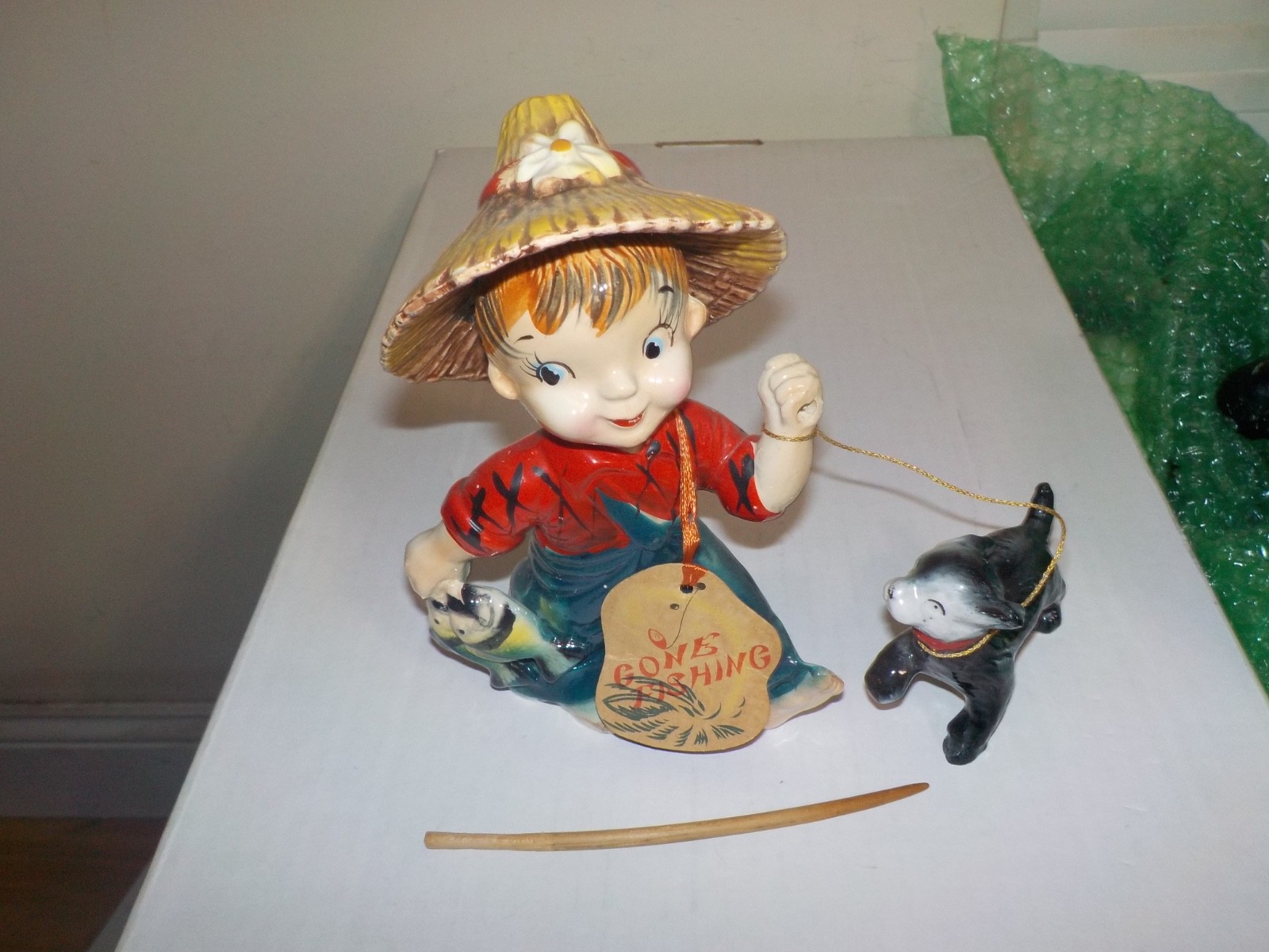 Vintage 1957 Kreiss Ceramics Boy & Dog w/ Fish & Paper Gone Fishing Tag + Pole