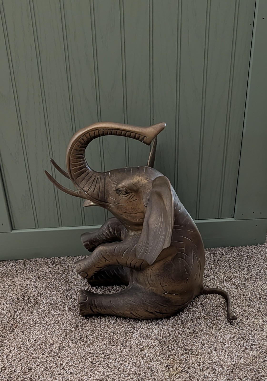 Vintage Heavy Brass Elephant Figurine with raised trunk. Mid to late 20th MC