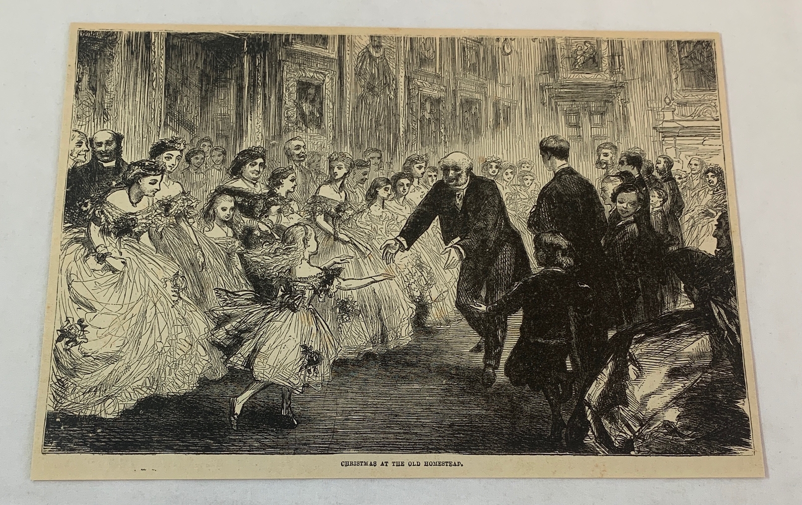 1876 magazine engraving~ CHRISTMAS AT THE OLD HOMESTEAD girl dances with Grandpa