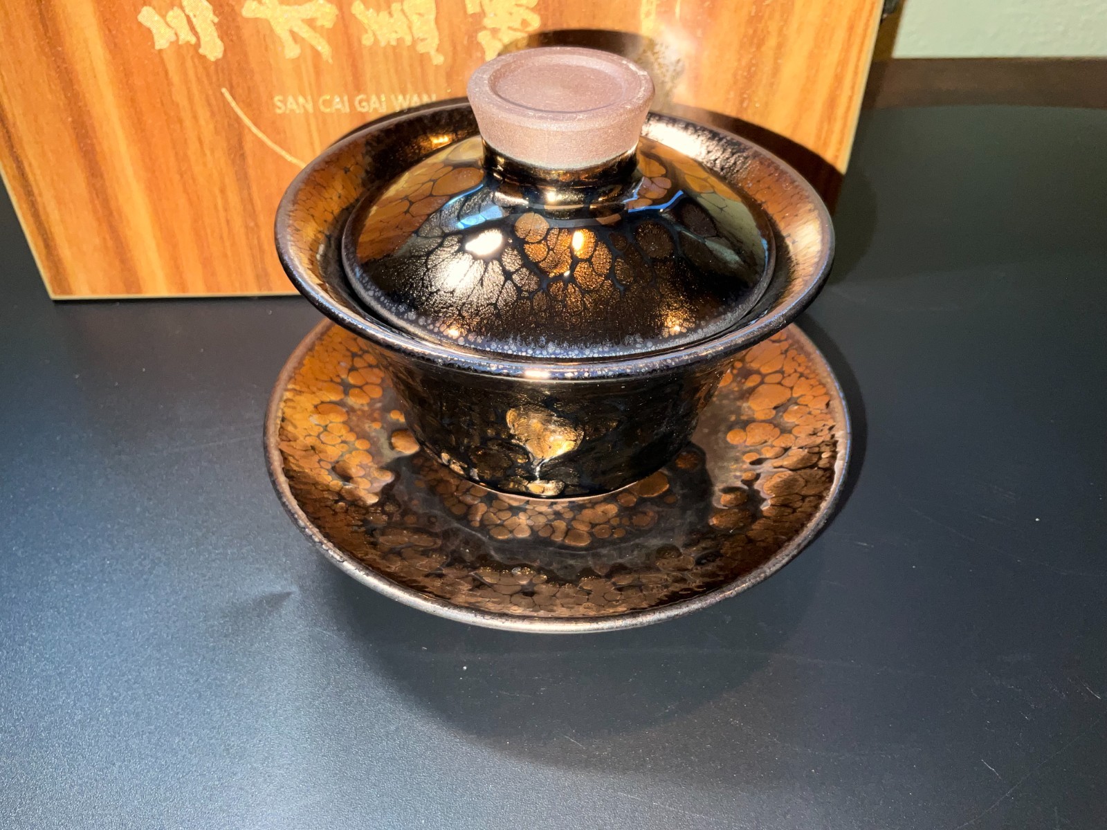 Gold Oil-Drop Glaze 3-Piece Gaiwan San Cai Jianzhan Signed Tong Xian Liang Gold Oil-Drop Glaze 3-Piece Gaiwan San Cai Jianzhan Signed Tong Xian Liang