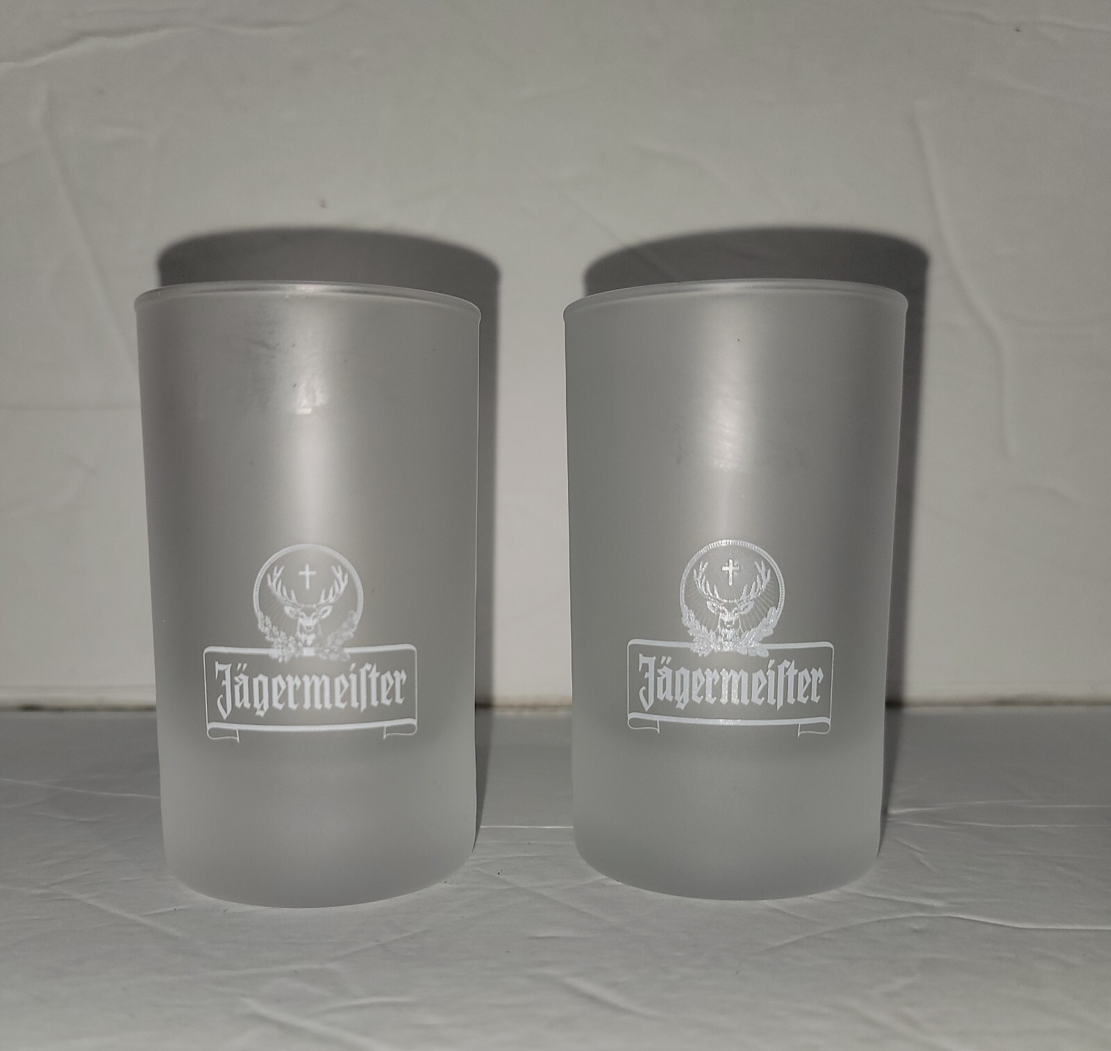Two JAGERMEISTER Large Shot Glass Clear White Shooter Frosted Two JAGERMEISTER Large Shot Glass Clear White Shooter Frosted