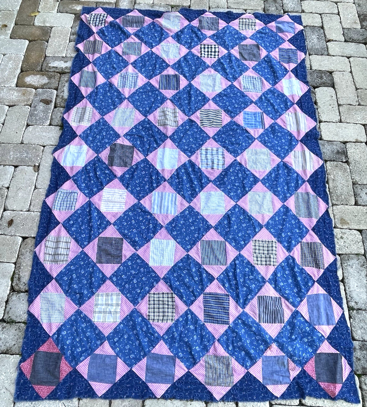Vintage Patchwork Cutter Quilt Top Hand Stitched Blue and Pink 54” X 83” Vintage Patchwork Cutter Quilt Top Hand Stitched Blue and Pink 54” X 83”