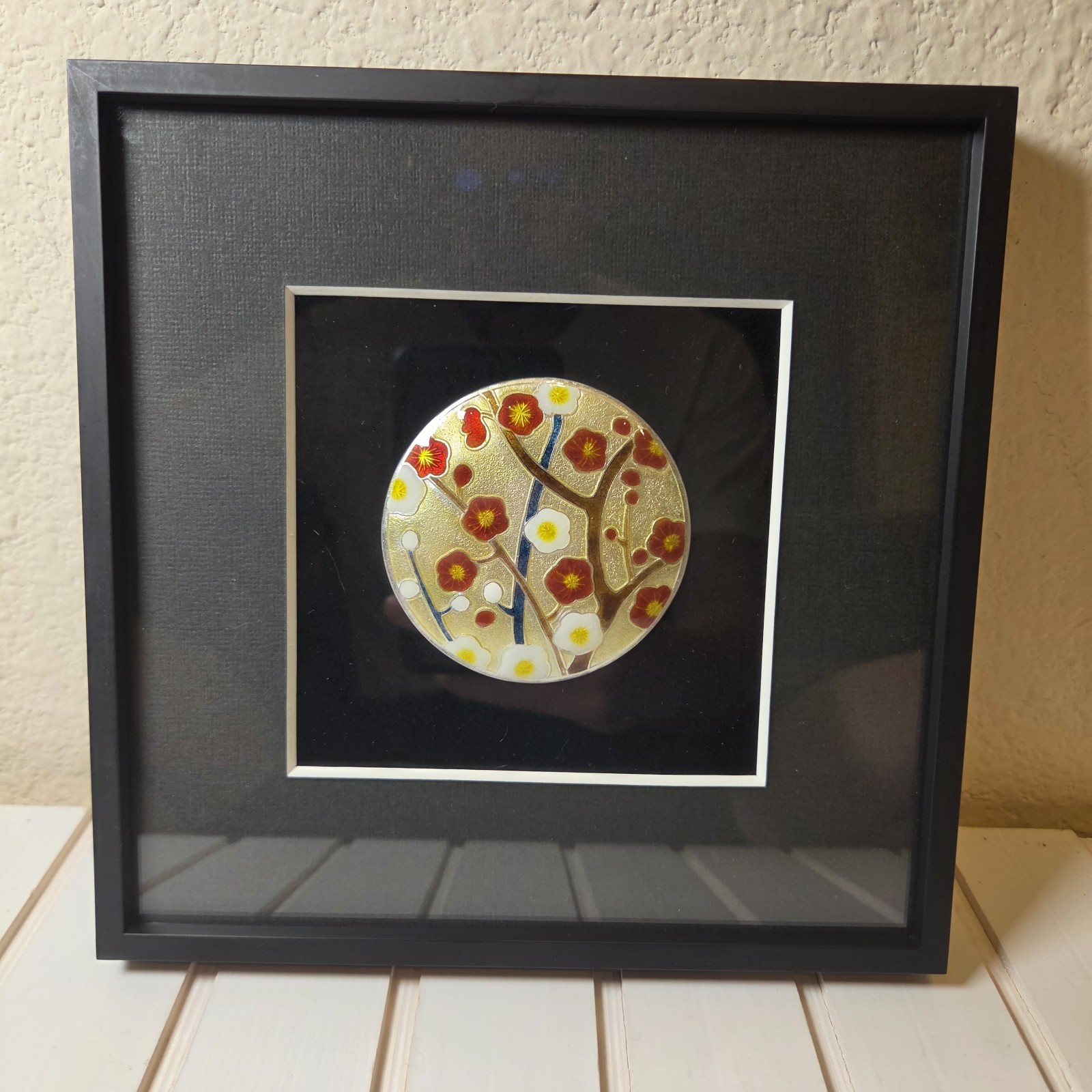 Vintage Ando Cloisonne Japan Ume Plum Blossom Framed Enamel Plaque Shippo