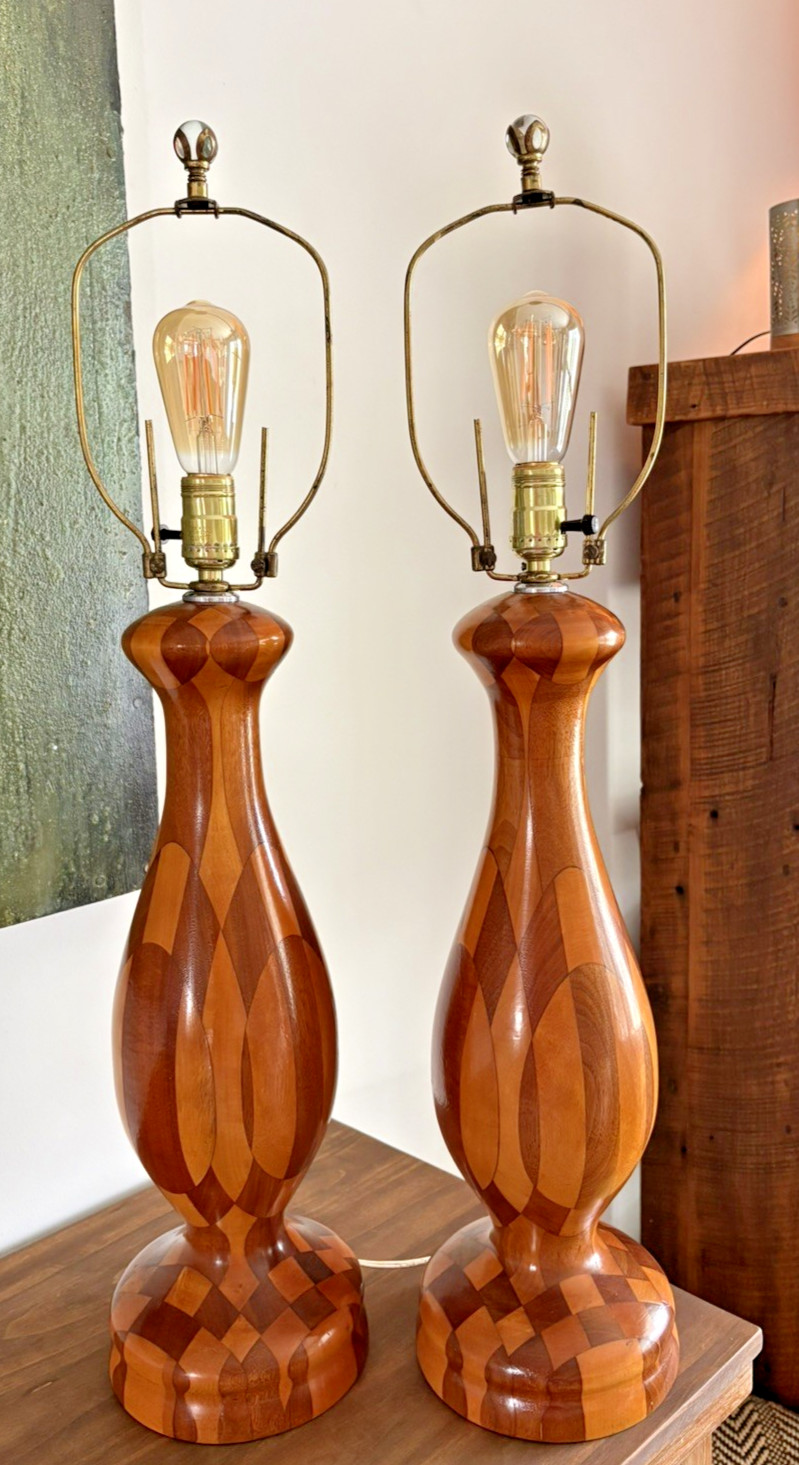 Set of Two Vintage Handcrafted Mid-Century Modern Parquetry Wood Lamps Set of Two Vintage Handcrafted Mid-Century Modern Parquetry Wood Lamps