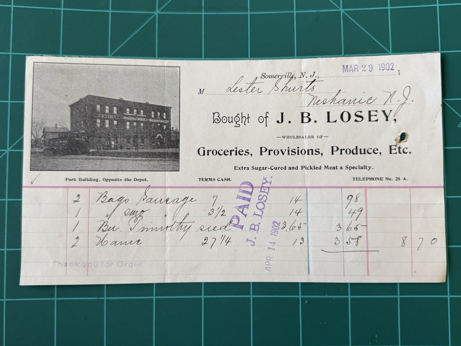 1902 Merchant Billhead Invoice Receipt Somerville NJ 1902 Merchant Billhead Invoice Receipt Somerville NJ