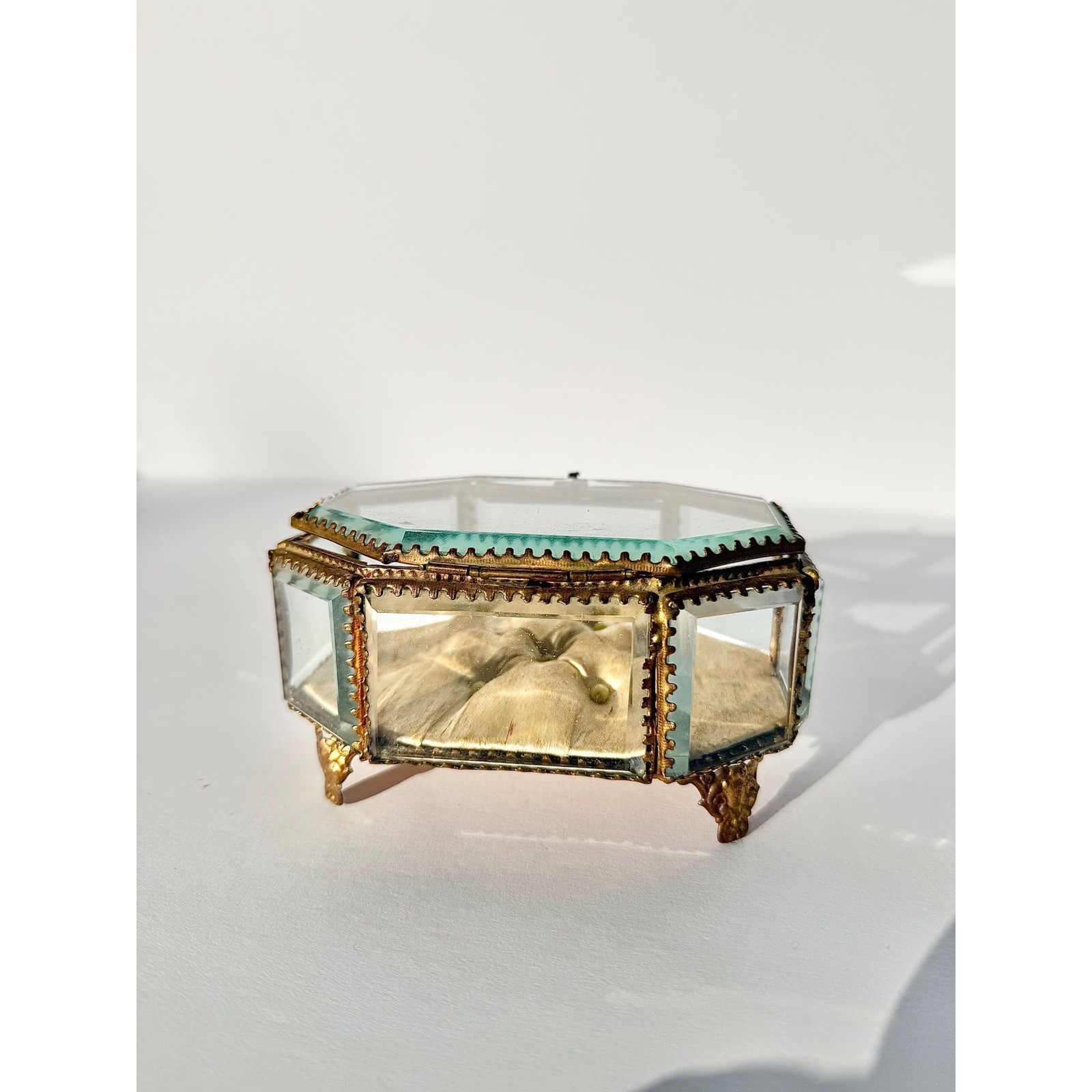 Antique French Beveled Glass Trinket Box Brass Filigree Footed Jewelry Casket