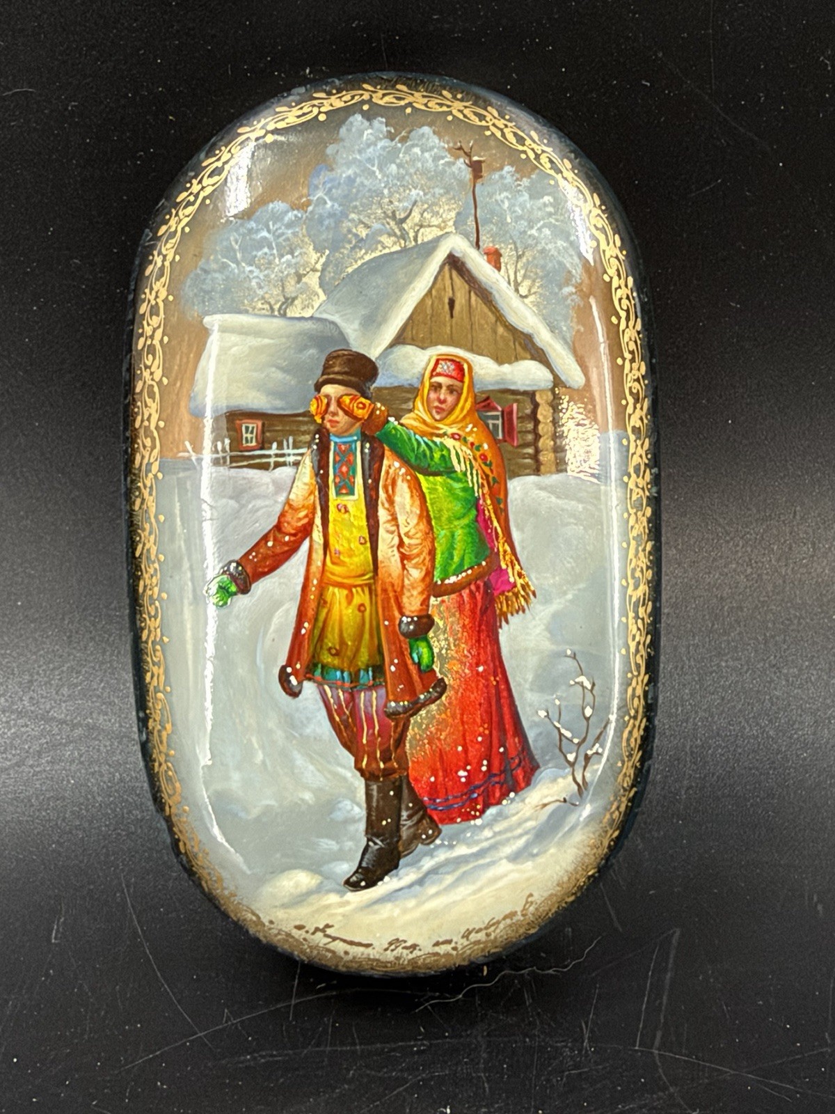 Fedoskino Russian Hand Painted Lacquer Trinket Box Man Woman Winter Scene Signed Fedoskino Russian Hand Painted Lacquer Trinket Box Man Woman Winter Scene Signed