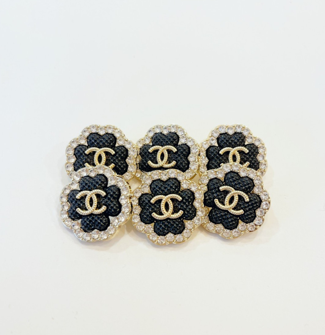 STAMPED lot of 6 Designer Black and Gold Clover Rhinestone Button STAMPED lot of 6 Designer Black and Gold Clover Rhinestone Button