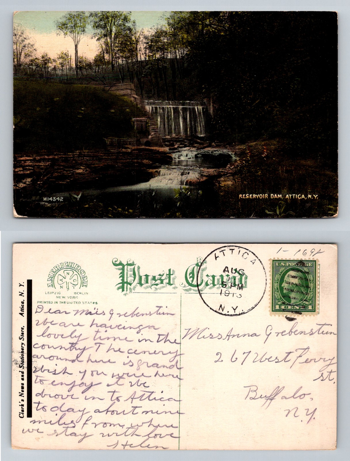 Attica, NY-New York, Reservoir Dam Waterfall Vintage c1913 Postcard Attica, NY-New York, Reservoir Dam Waterfall Vintage c1913 Postcard