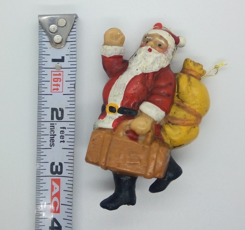 Vintage Jolly Santa with Suitcase Blow Mold Plastic Ornament Hong Kong 3.5 Vintage Jolly Santa with Suitcase Blow Mold Plastic Ornament Hong Kong 3.5