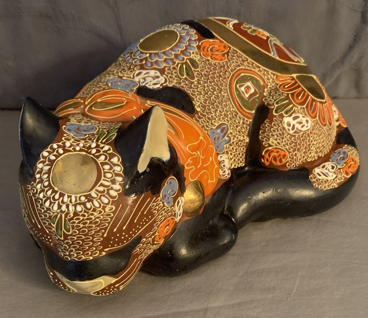 Nice Vintage Japanese Satsuma Sleeping Cat Figurine 9.5'' Stamp Mark Nice Vintage Japanese Satsuma Sleeping Cat Figurine 9.5'' Stamp Mark