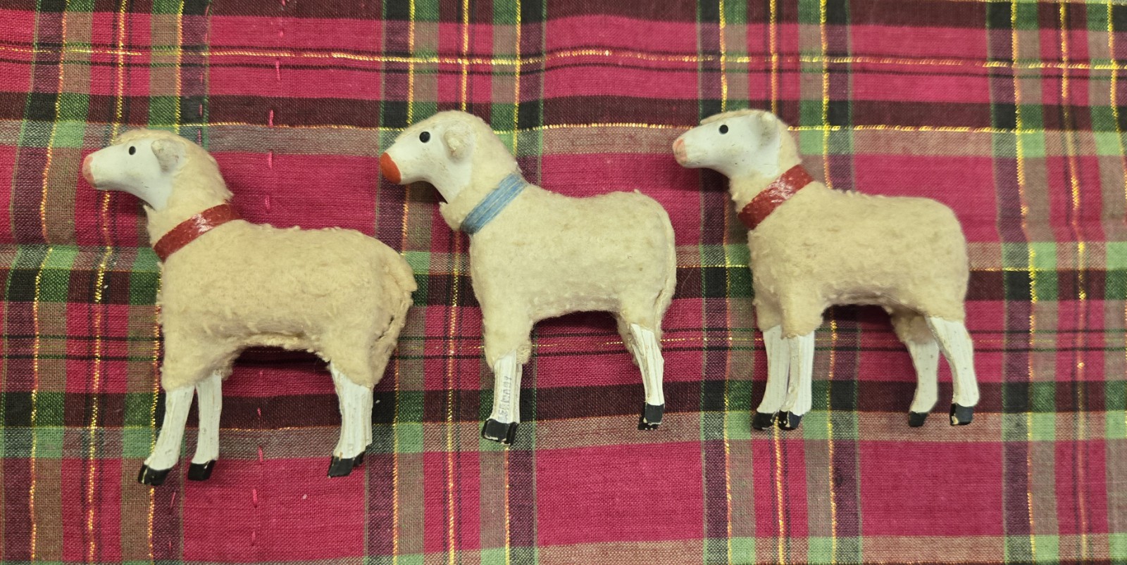 3 Antique German Putz White Stick Leg Sheep Blue Red Collar 3 Antique German Putz White Stick Leg Sheep Blue Red Collar