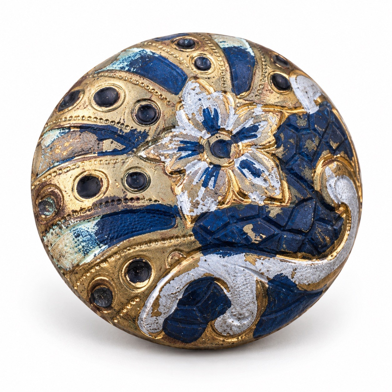 Vintage Blue Gold Silver Tone Floral Scroll Metal Shank Button Ornate Domed Vintage Blue Gold Silver Tone Floral Scroll Metal Shank Button Ornate Domed
