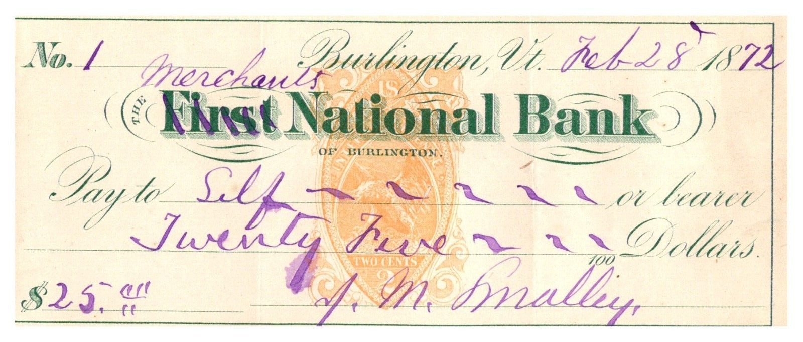 1872 Signed Merchants First National Bank Check JM Smalley Burlington Vermont VT
