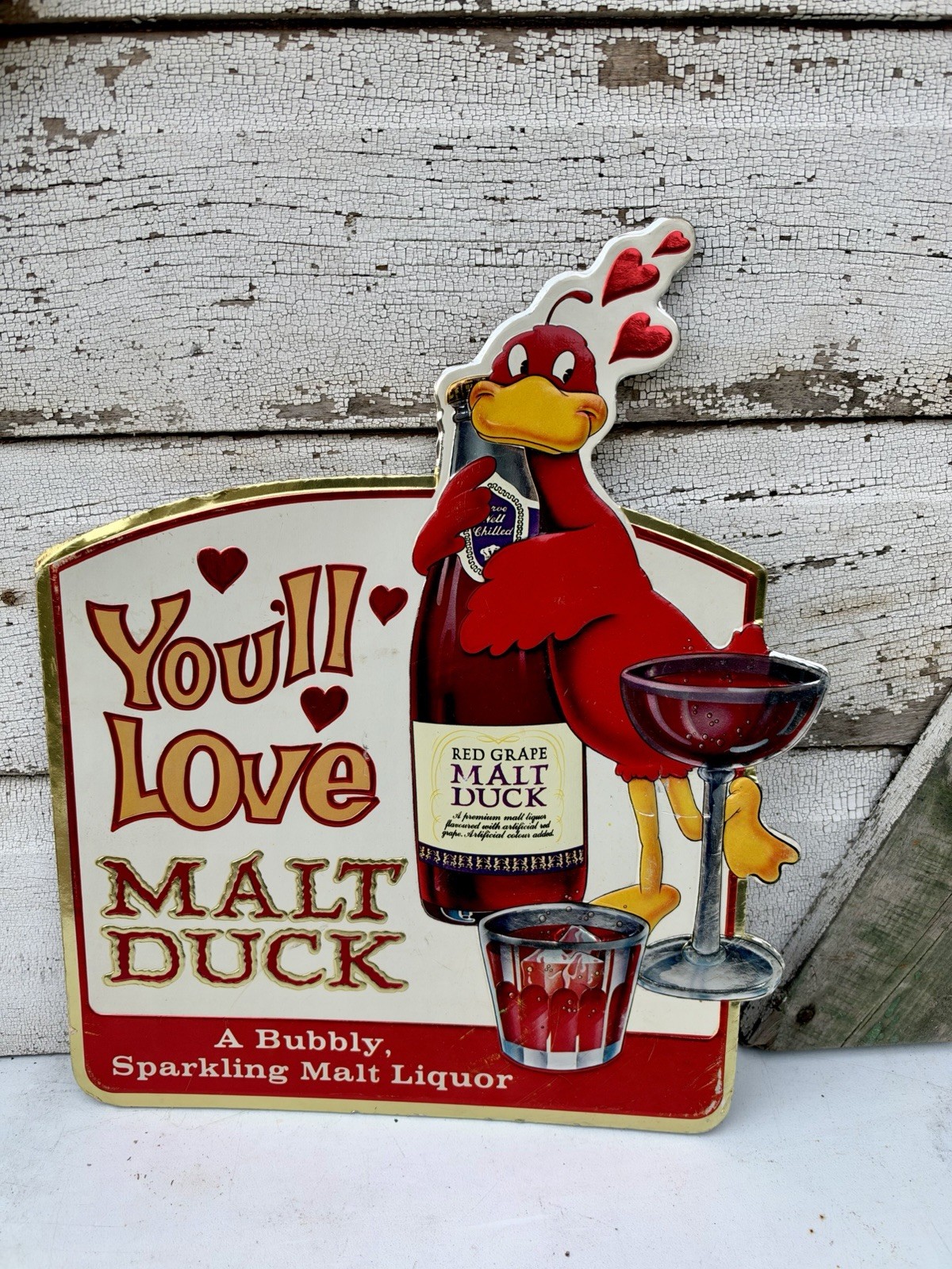 Rare NATIONAL BREWING RED GRAPE MALT DUCK MANCAVE BAR SIGN FOIL OVER CARDBOARD Rare NATIONAL BREWING RED GRAPE MALT DUCK MANCAVE BAR SIGN FOIL OVER CARDBOARD