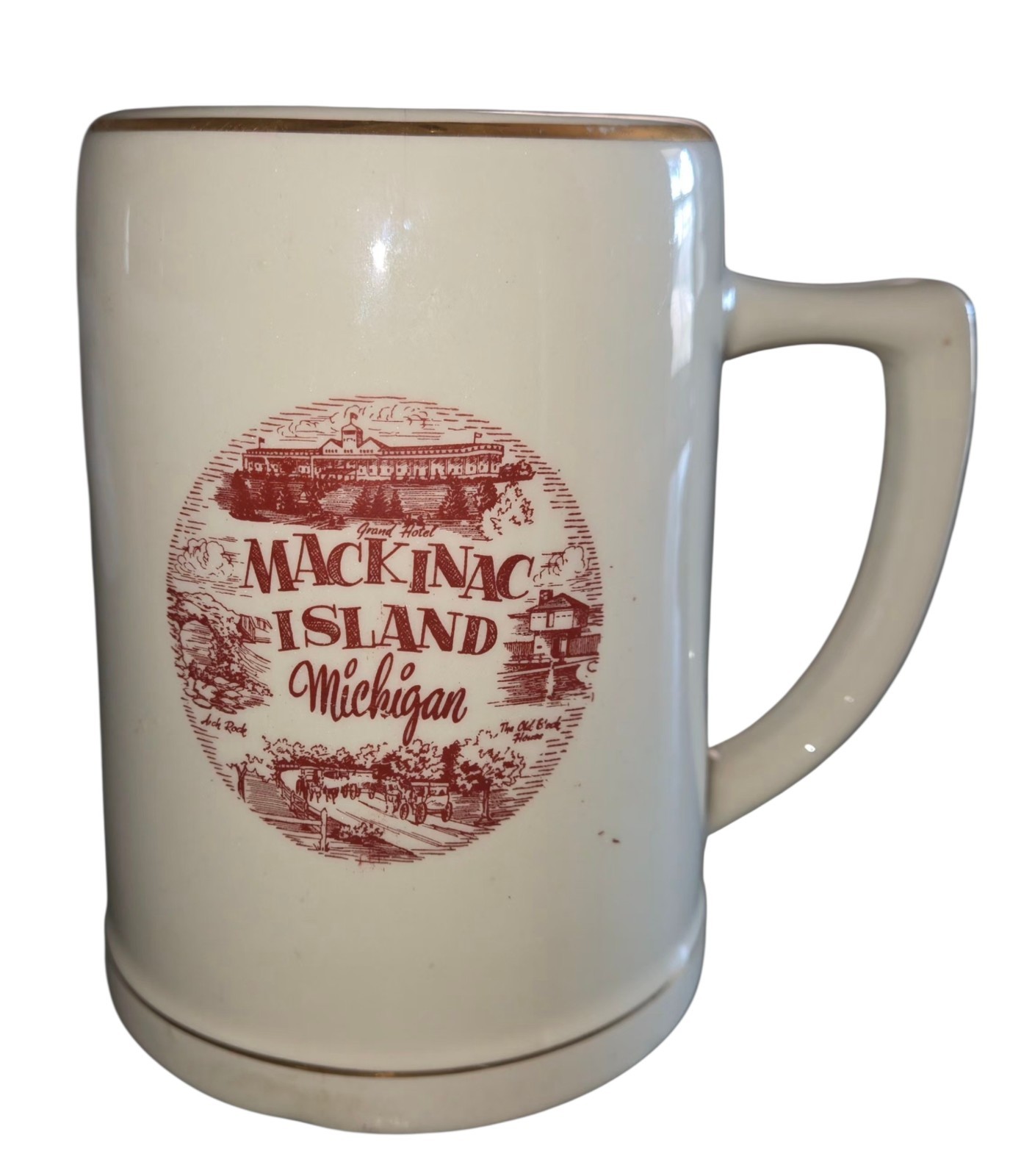 Vintage 1960s Mackinac Mackinaw Island Michigan Gold Rim Souvenir Stein Mug