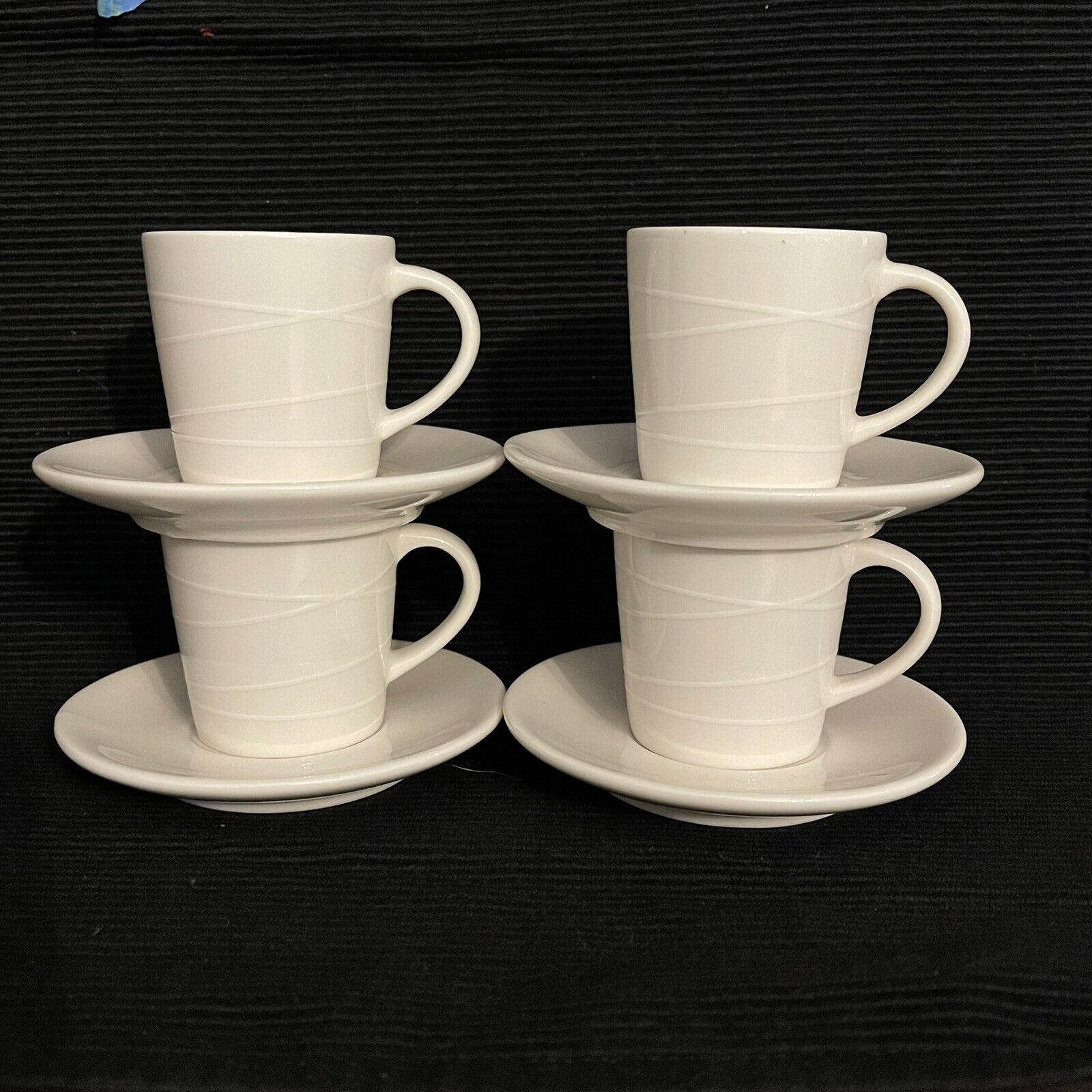 4 STARBUCKS 2004 At Home Collection 4 oz White Espresso Cups Saucers Embossed
