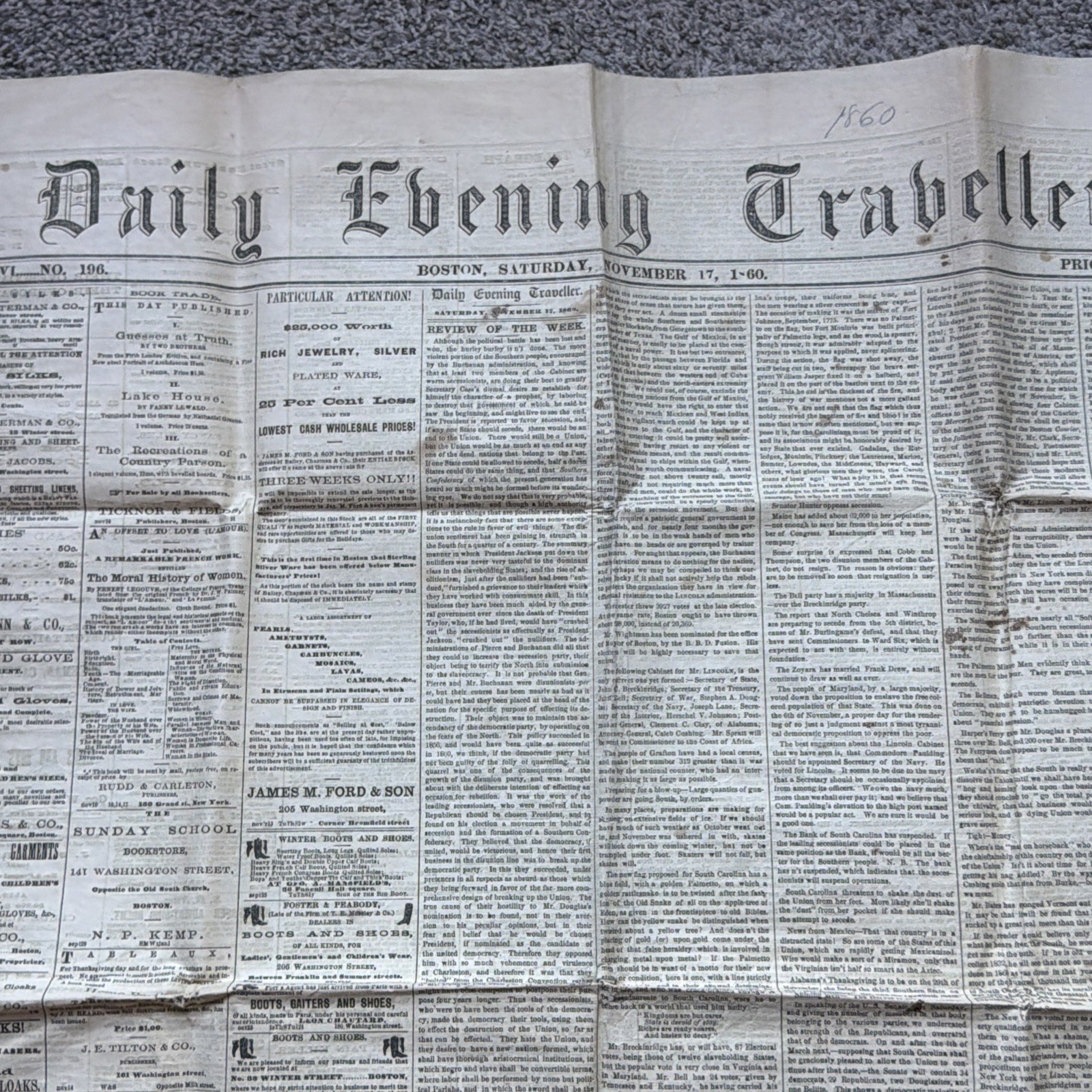1860 Daily Evening Traveler Newspaper Civil War Period Antique Newsprint Rare