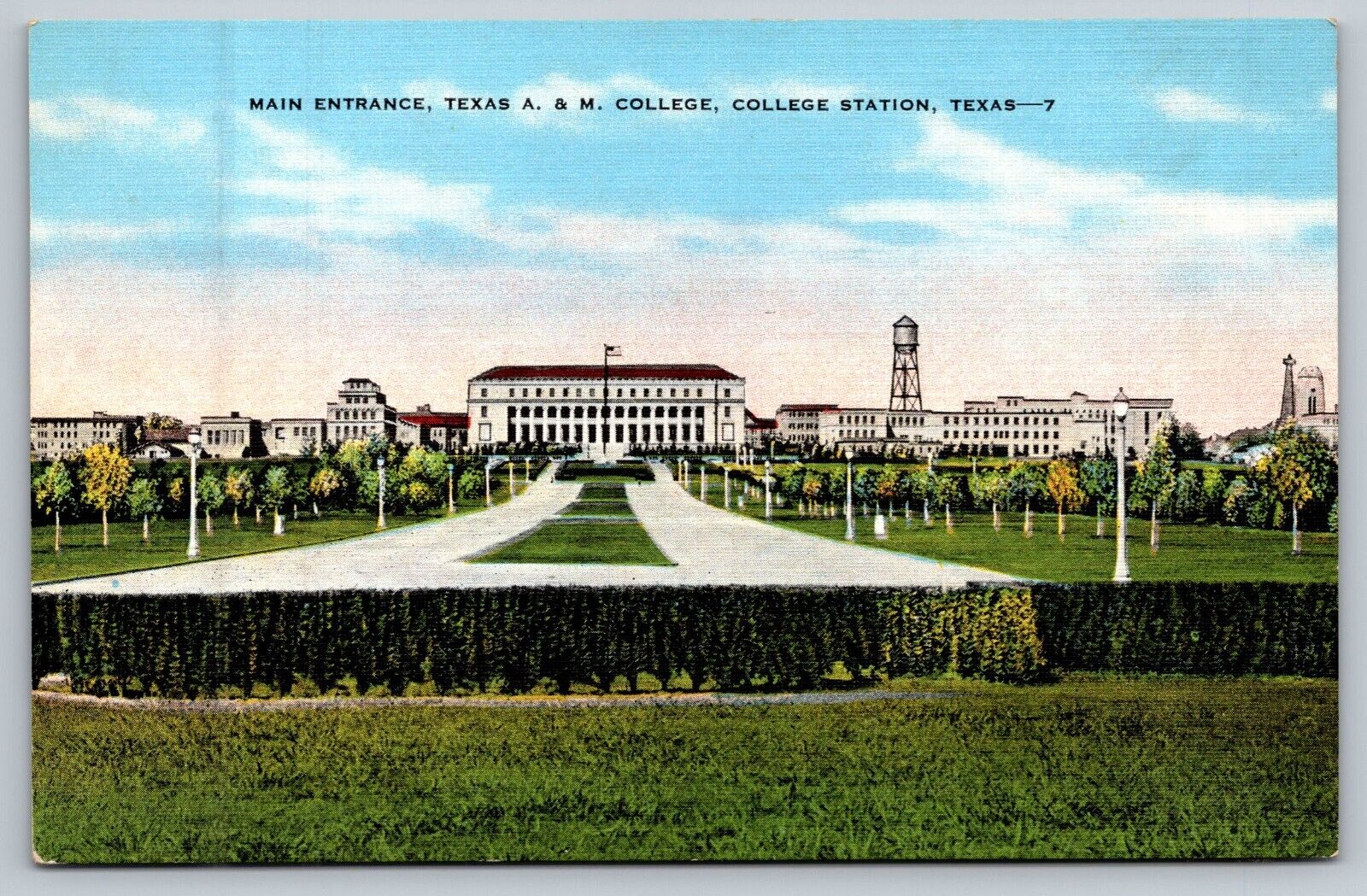 Main Entrance, Texas A&M, College Station, Texas TX - Vintage linen Postcard