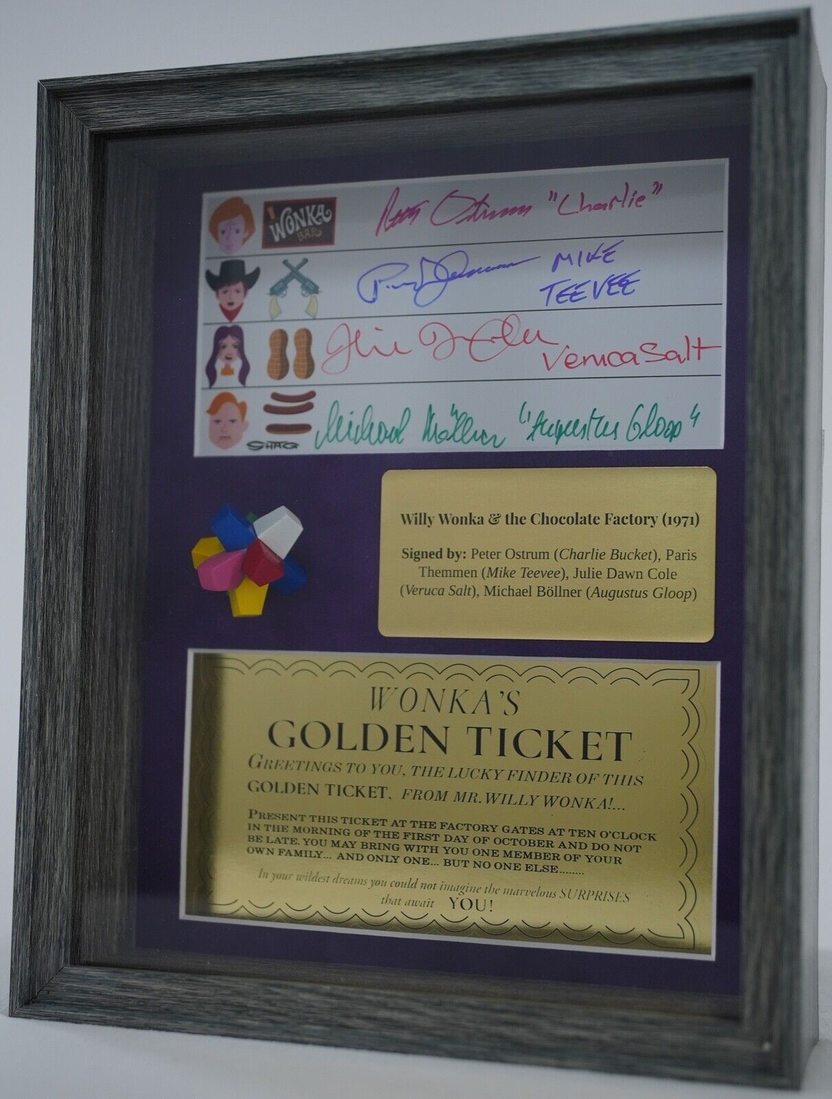 WILLY WONKA EVERLASTING GOBSTOPPER SHADOWBOX, AUTOGRAPHED, SIGNED BY FOUR
