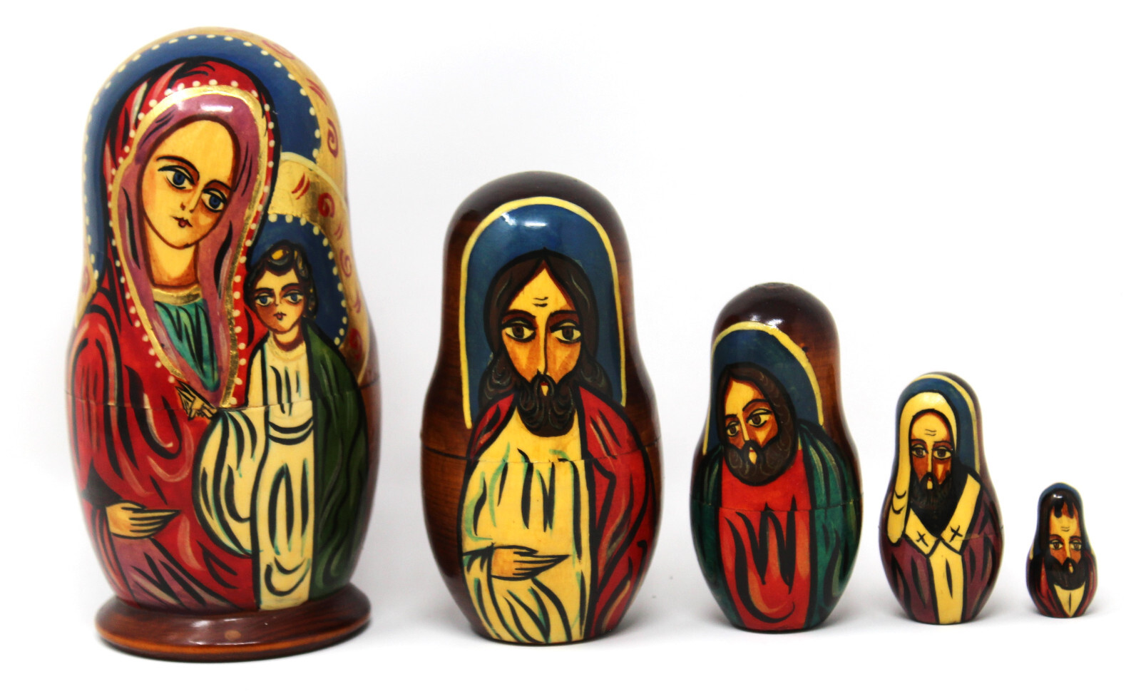 Russian Nativity Nesting Dolls Wood Hand Painted 5 Pcs Madona Child Kings Signed Russian Nativity Nesting Dolls Wood Hand Painted 5 Pcs Madona Child Kings Signed