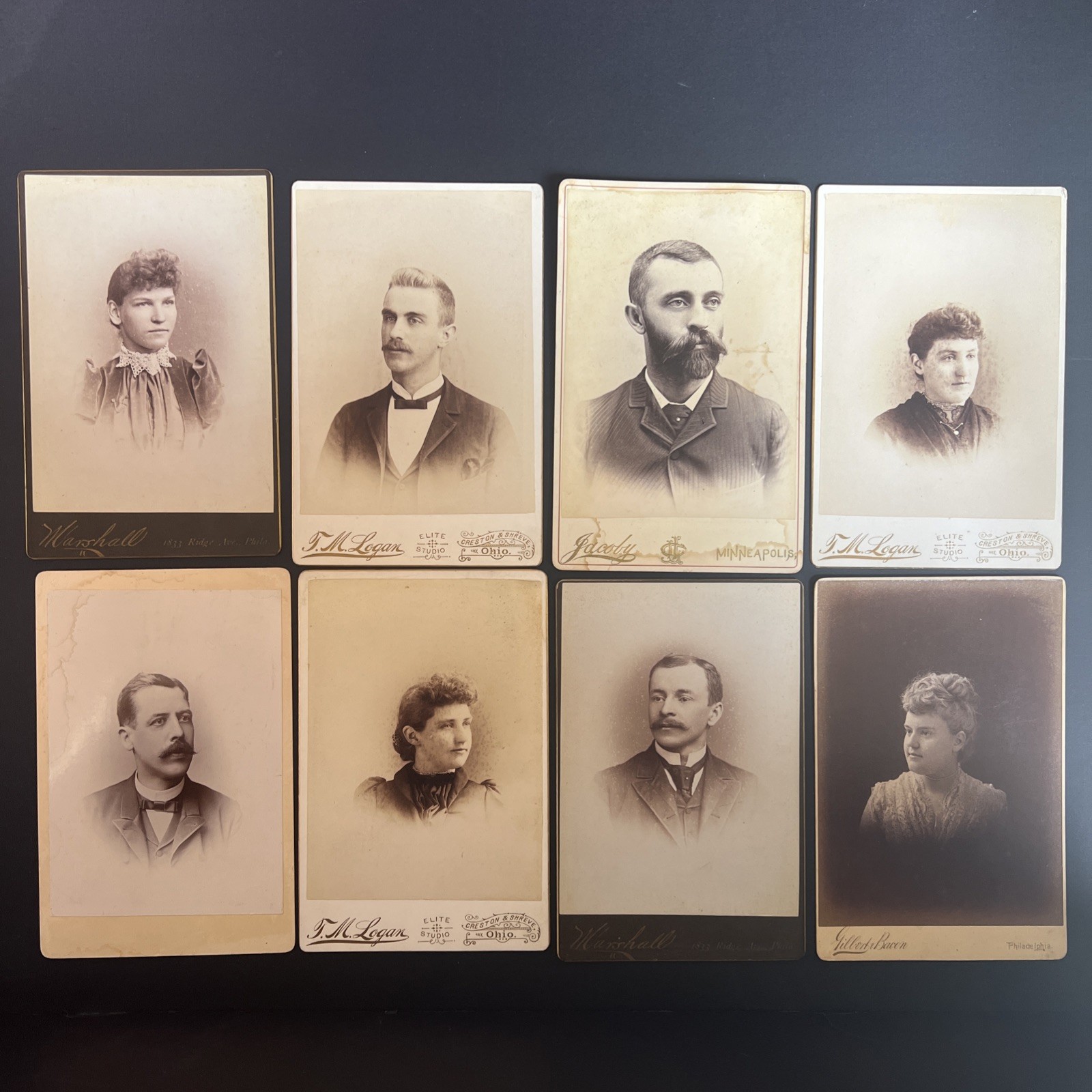 VTG Antique Cabinet Card Photo Set 8 Portraits Men Women Ohio Philly MN 1800’s